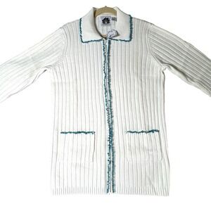 Storybook Knits NWT White Beaded Zip Cardigan Sweater M Ramie Cotton‎ Turquoise